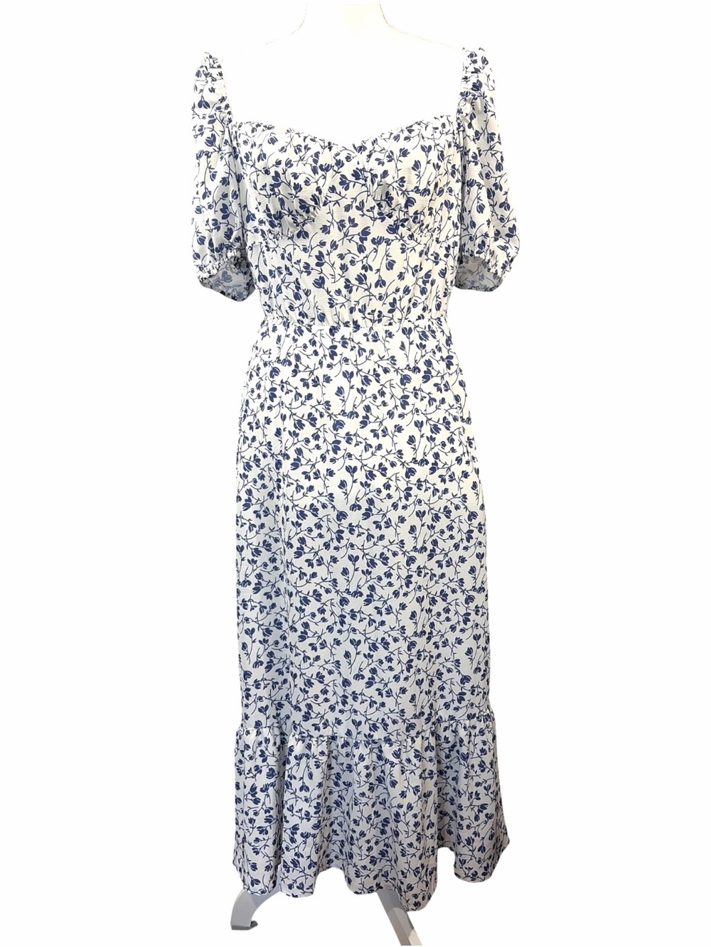 Commense Blue Square Neck Puff Sleeve Floral Cloud Midi A-Line Dress Size Large - Picture 2 of 8